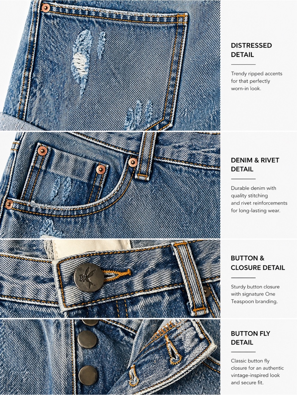 One Teaspoon Bandits Shorts Size 31 Button Fly Distressed Mid Wash Cuffed NWT - Picture 5 of 7